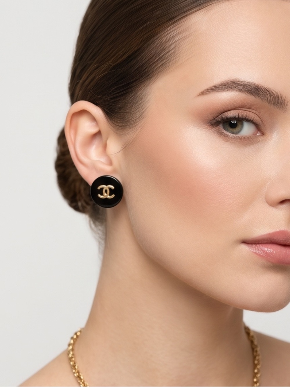 Upcycled unbranded Black and Gold Round Button Earrings with Interlocking Logo